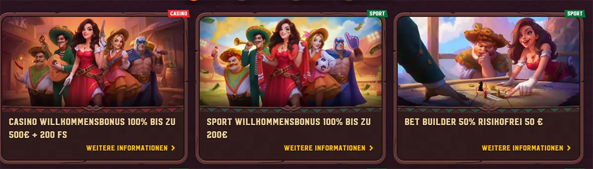 Promotional banner row for a German gaming site showing three offers: a casino welcome bonus of 100% up to €500 plus 200 free spins, a sports welcome bonus of 100% up to €200, and a bet builder promotion with a 50€ risk-free offer.