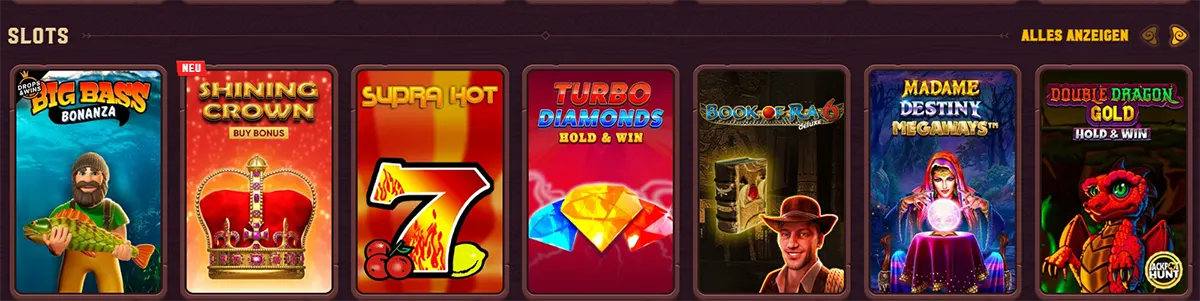 German online casino slots carousel showing game tiles for Big Bass Bonanza, Shining Crown Buy Bonus, Supra Hot, Turbo Diamonds Hold & Win, Book of Ra 6 Deluxe, Madame Destiny Megaways, and Double Dragon Gold Hold & Win.