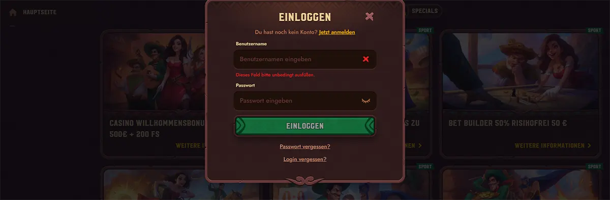 German online casino login popup with username and password fields, error text under the username field, a green “Einloggen” button, and links for forgotten password or login details over a darkened casino homepage background.